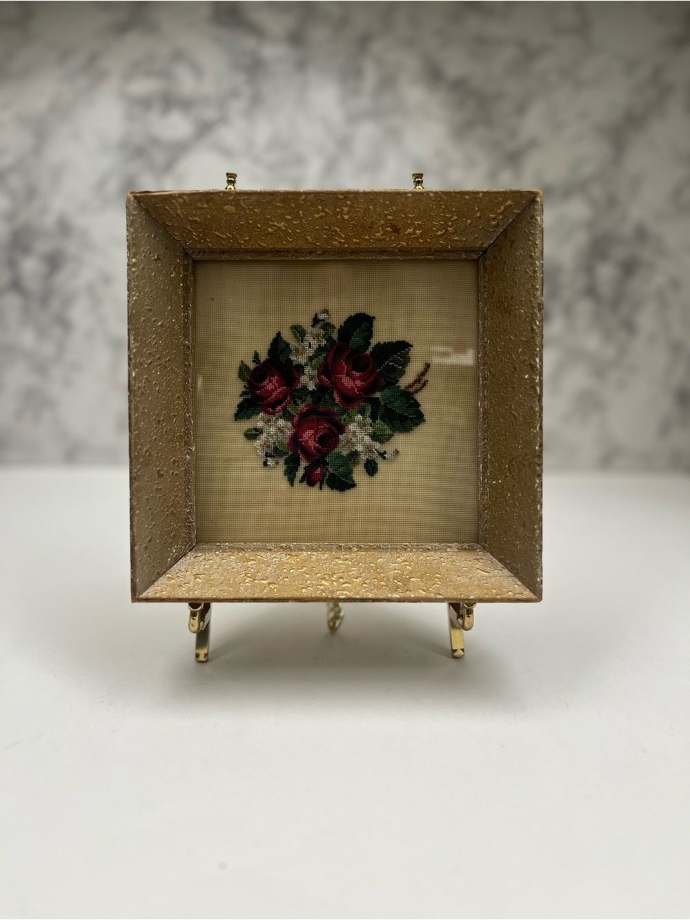 Vintage Petit Point Rose Art - 6.5" Framed Floral Embroidery - Grandmillennial